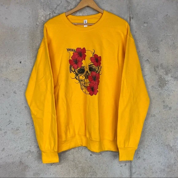 Day of the dead skull floral marigold yellow crewneck sweatshirt medium - Picture 1 of 7